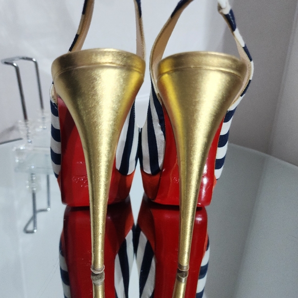 Christian Louboutin Lady Peep Sling 150 Toile Rayee Stripe Pumps Heels Size 35 - Picture 4 of 12